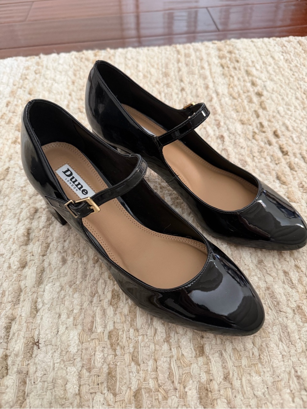 Dune London Black Patent Mary Jane Heels with Gold Buckle